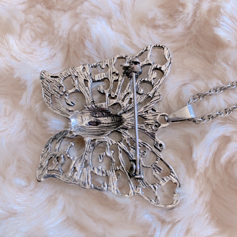 Cottagecore Butterfly Silver Tone Open Work Brooch/Pendant Necklace - Picture 3 of 4